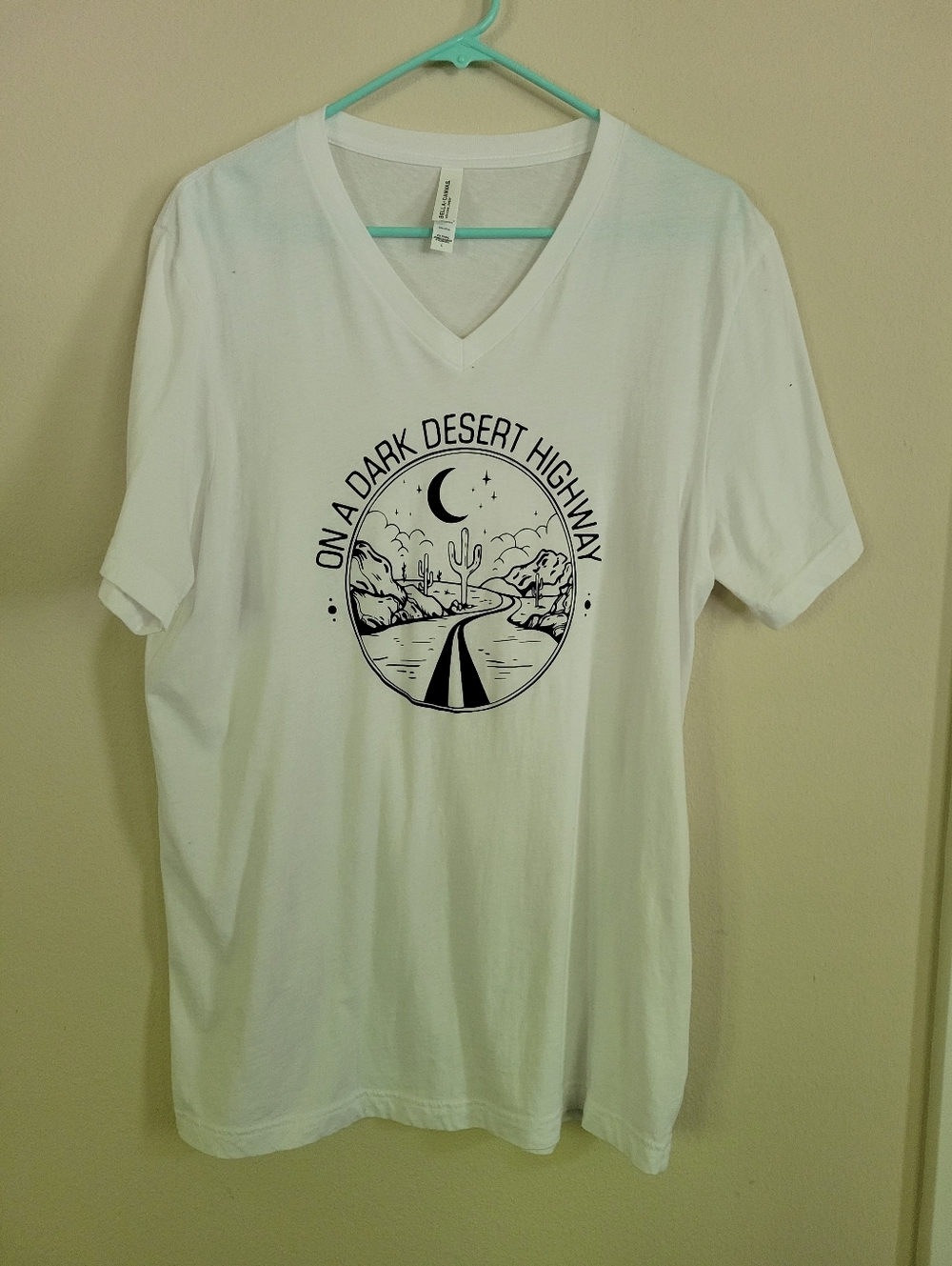 Bella Canvas White V-Neck Tee with Black Desert Highway Graphic